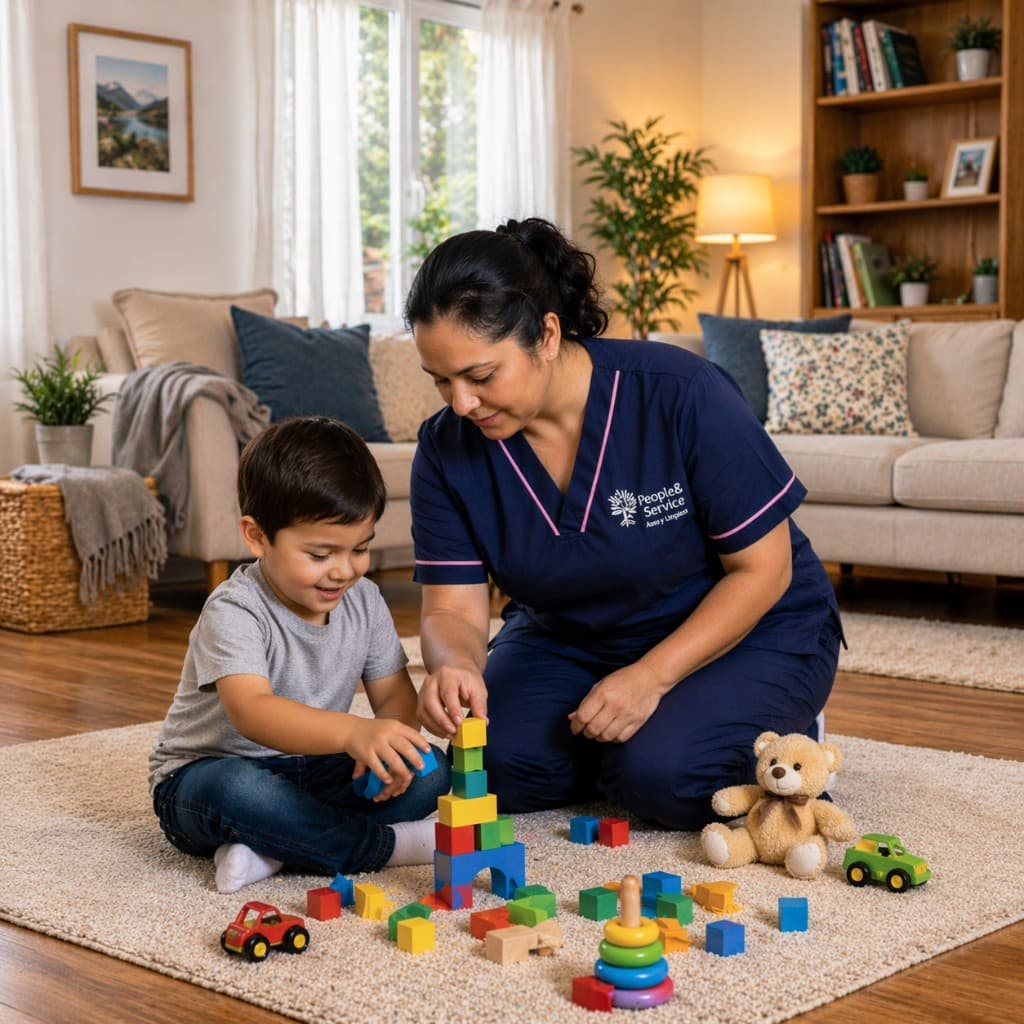 Profesional de People & Service acompañando a un niño en el hogar, juego con bloques y ambiente luminoso