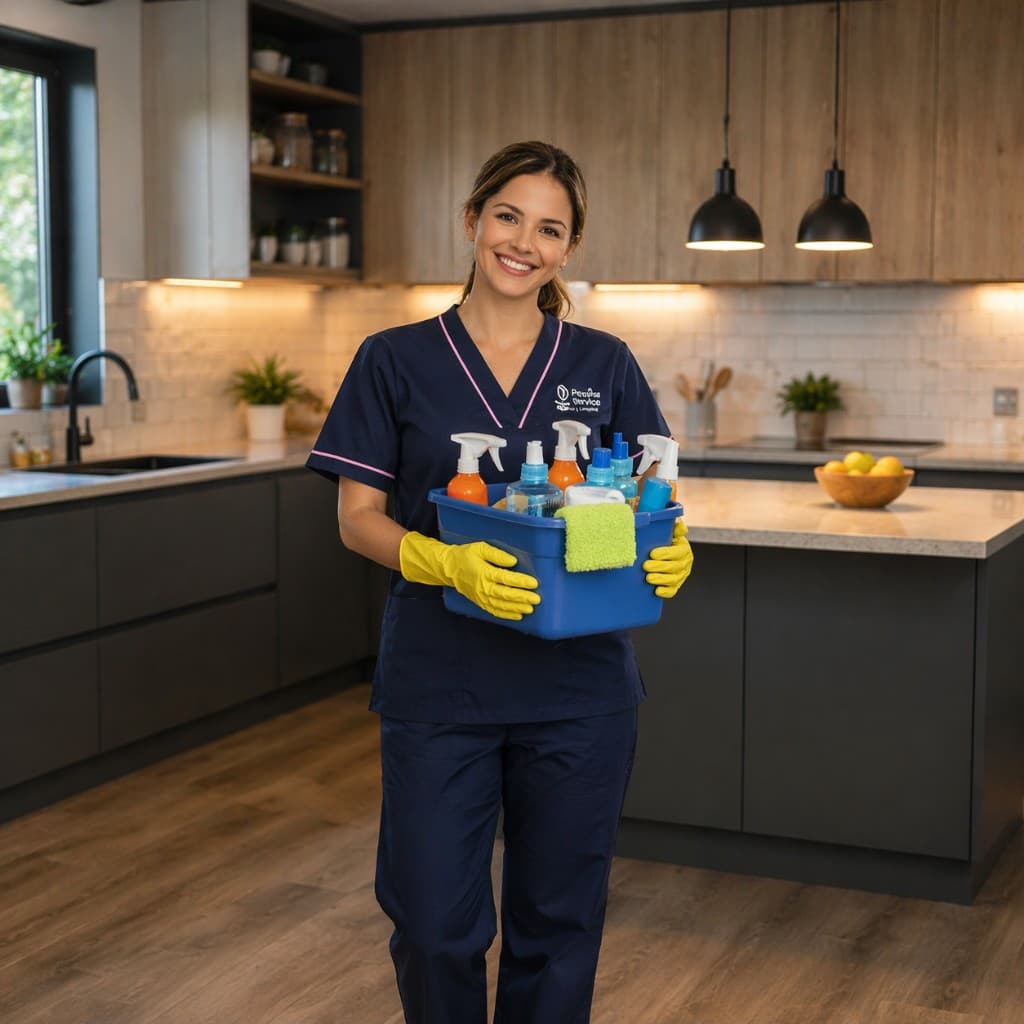 Profesional de limpieza con uniforme y materiales en cocina moderna