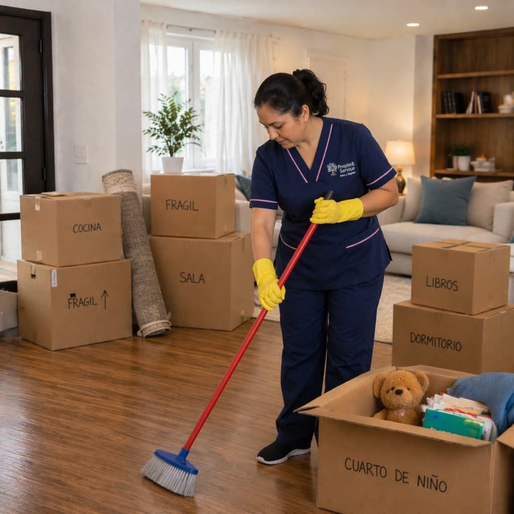 Profesional de People & Service barriendo el piso durante mudanza, cajas etiquetadas cocina sala dormitorio y caja de cuarto de niño